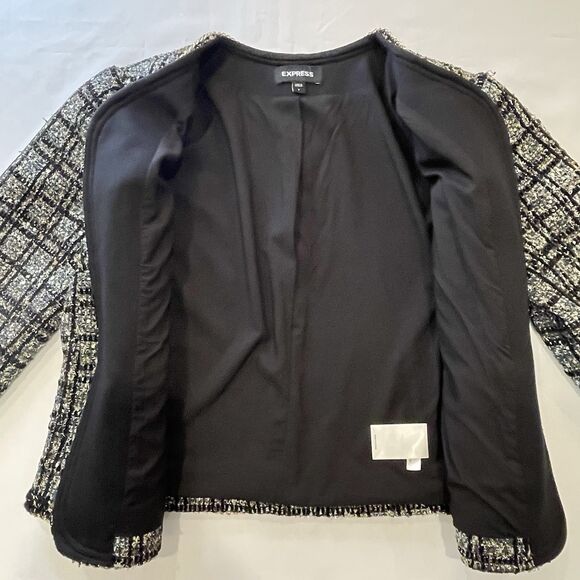 Express Metallic Plaid Tweed Jacket with Gold Chain Detail Classic Old Money-S - Picture 4 of 12
